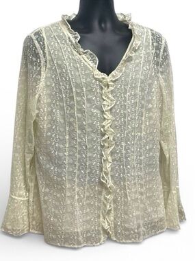 Avenue Ivory Lace Ruffle Blouse Boho Sheer Top Plus 14/16